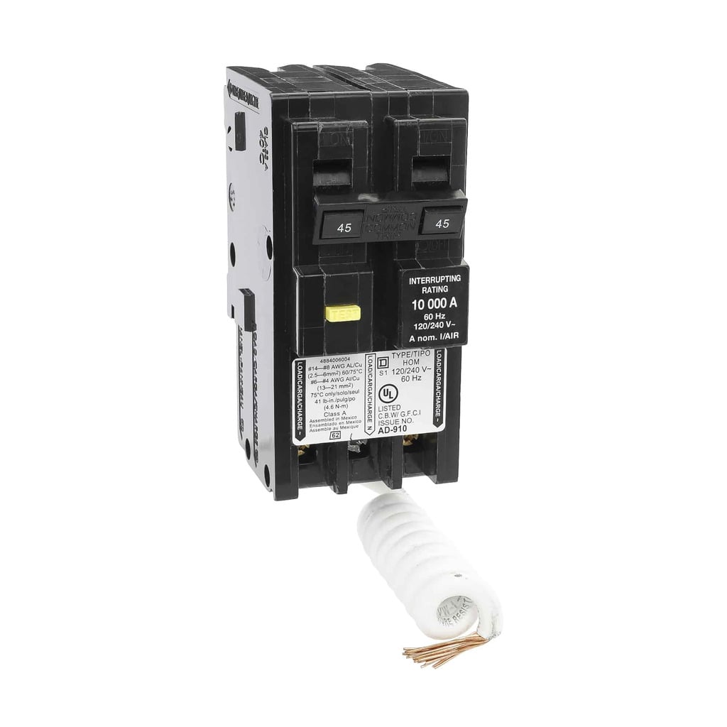 HOM245GFI Homeline Mini circuit breaker, Homeline, 45A, 2 pole, 120/240VAC, 10kA AIR, ground fault class A, plug in, UL