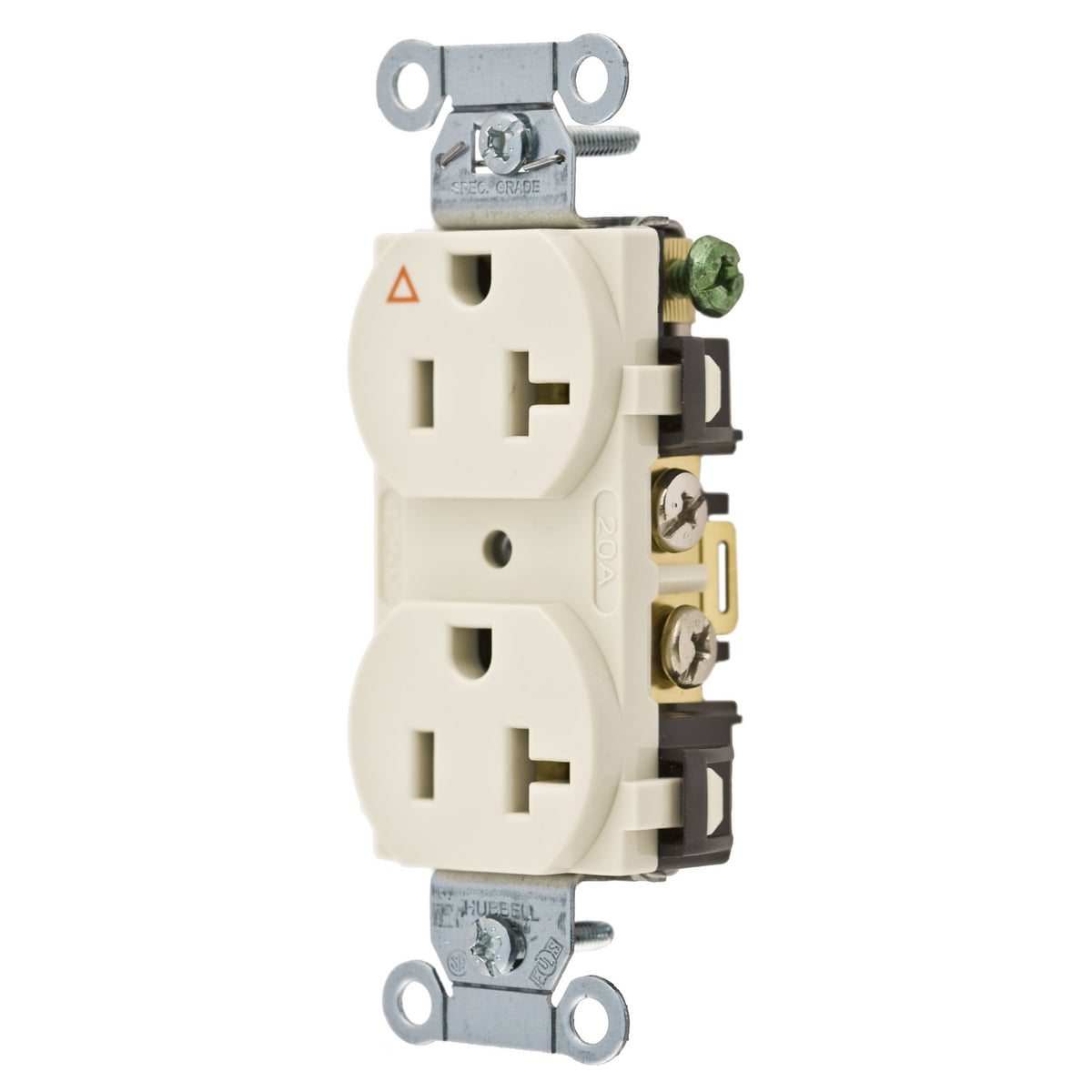IG20CRLA 1-Phase Commercial Grade Corrosion-Resistant Duplex Ground Isolated Smooth Face Standard Traditional Screw Mount Straight Blade Receptacle, 125 V AC, 20 A, 2 Poles, 3 Wires, Light Almond