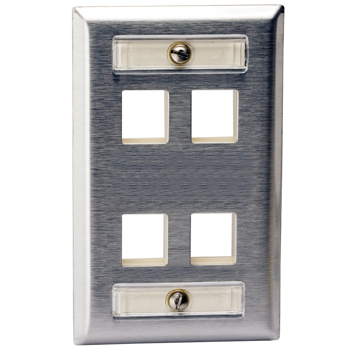 SSFL14 Rear Load Standard Stamped Keystone Faceplate, 1 Gang, 4 Ports, Audio/Video/Data/Fiber Module, Fastened Mount, 430 Stainless Steel