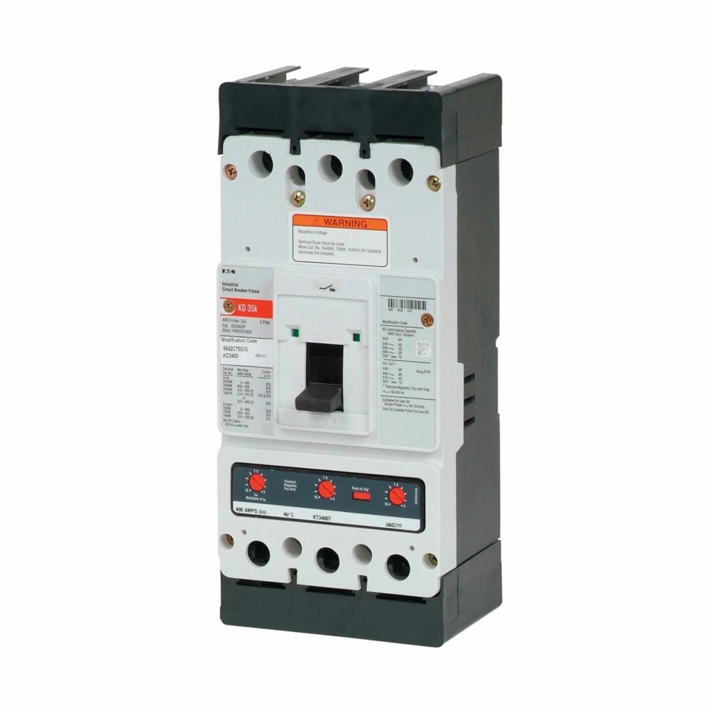 KDB3400WS44X38Y02 C Series Type KDB Molded Case Circuit Breaker, 600 V AC/250 V DC, 400 A, 35/65 kA Interrupt, 3 Poles, Thermal Magnetic Trip
