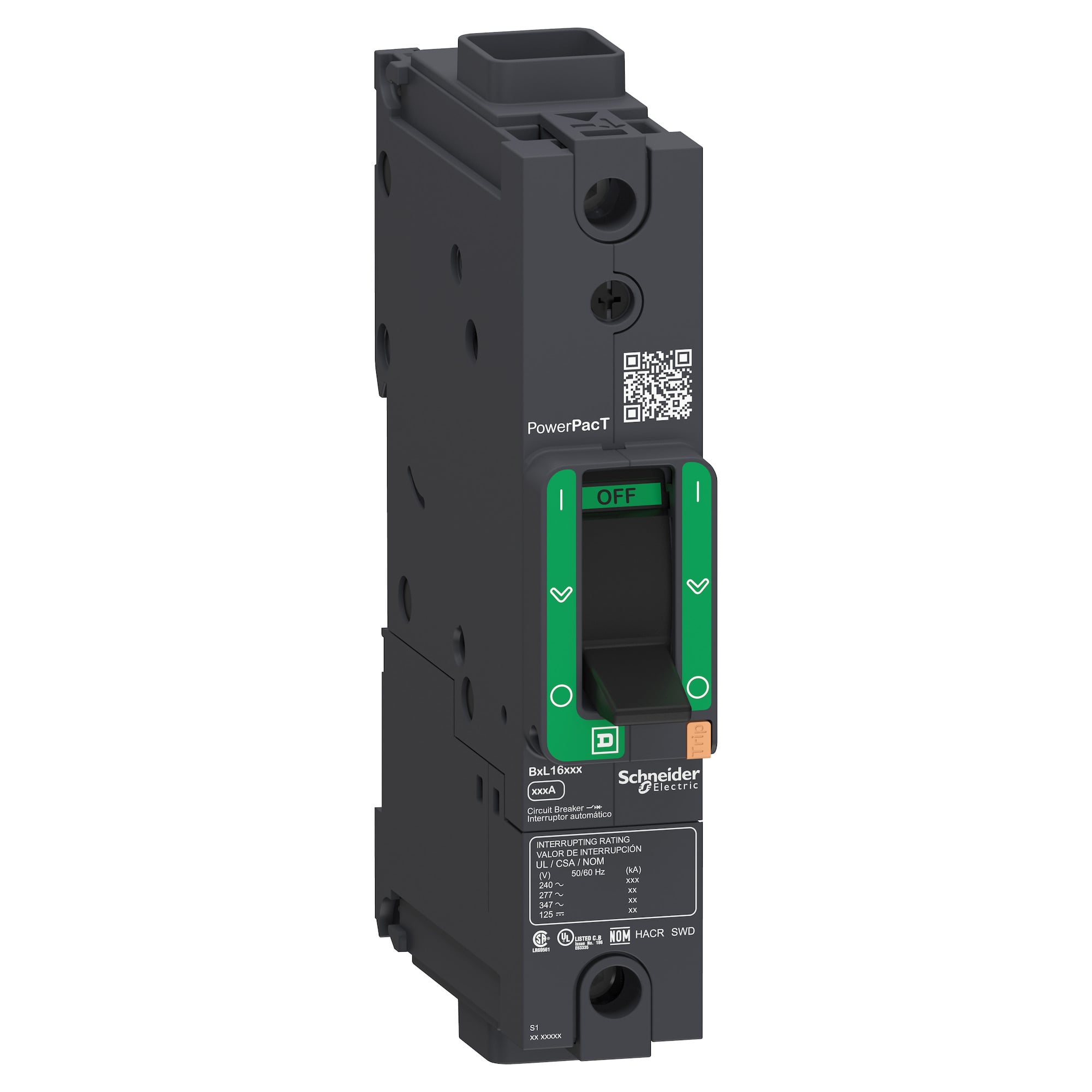 BDF16040 PowerPact Type BDF Molded Case Circuit Breaker, 600Y/347 VAC, 40 A, 14 kA Interrupt, 1 Poles, Electronic Trip