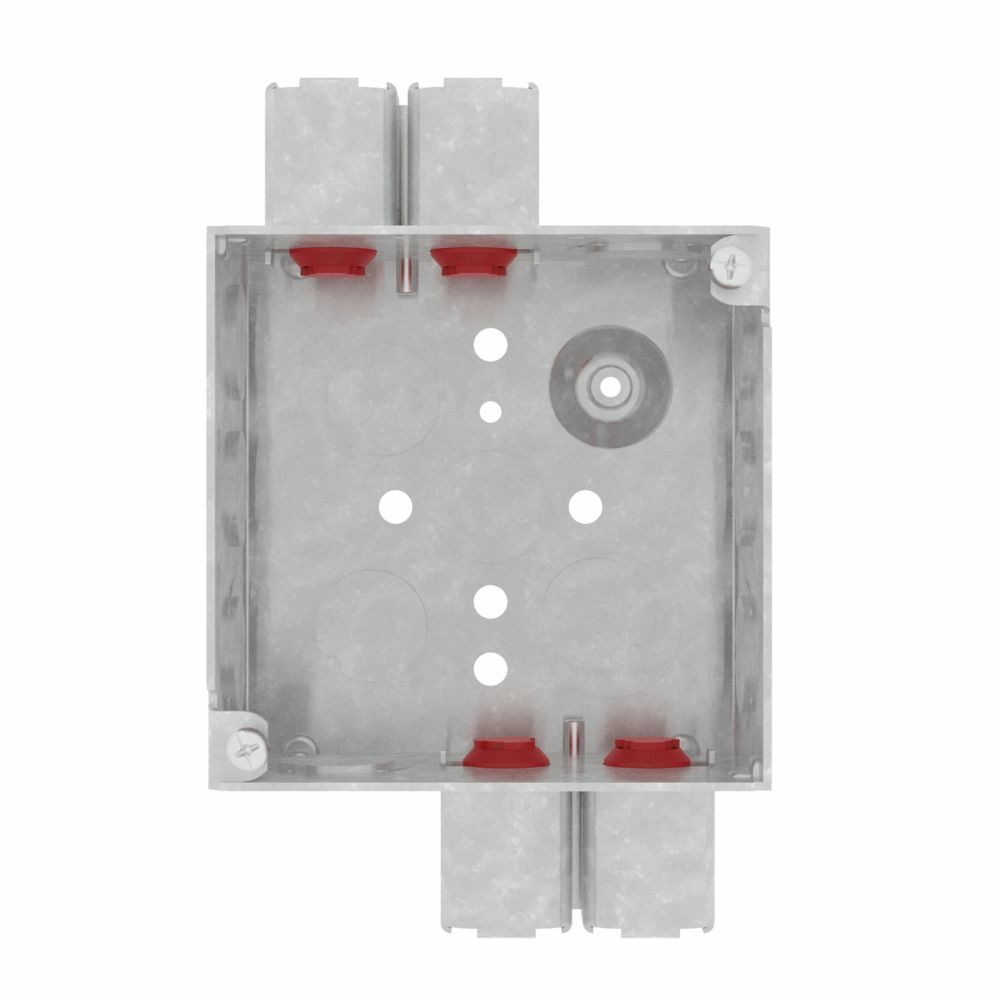 Eaton Crouse-Hinds series Quick-Lok 4" square outlet box, (2) 1/2",  (2) 1/2"+ 3/4" E bottom KOs, Ground bump, 4 cable KOs, Welded, 2-1/8" depth, Steel, (4) 1/2", (4) 1/2" + 3/4" E side KOs, 30.3 cu in