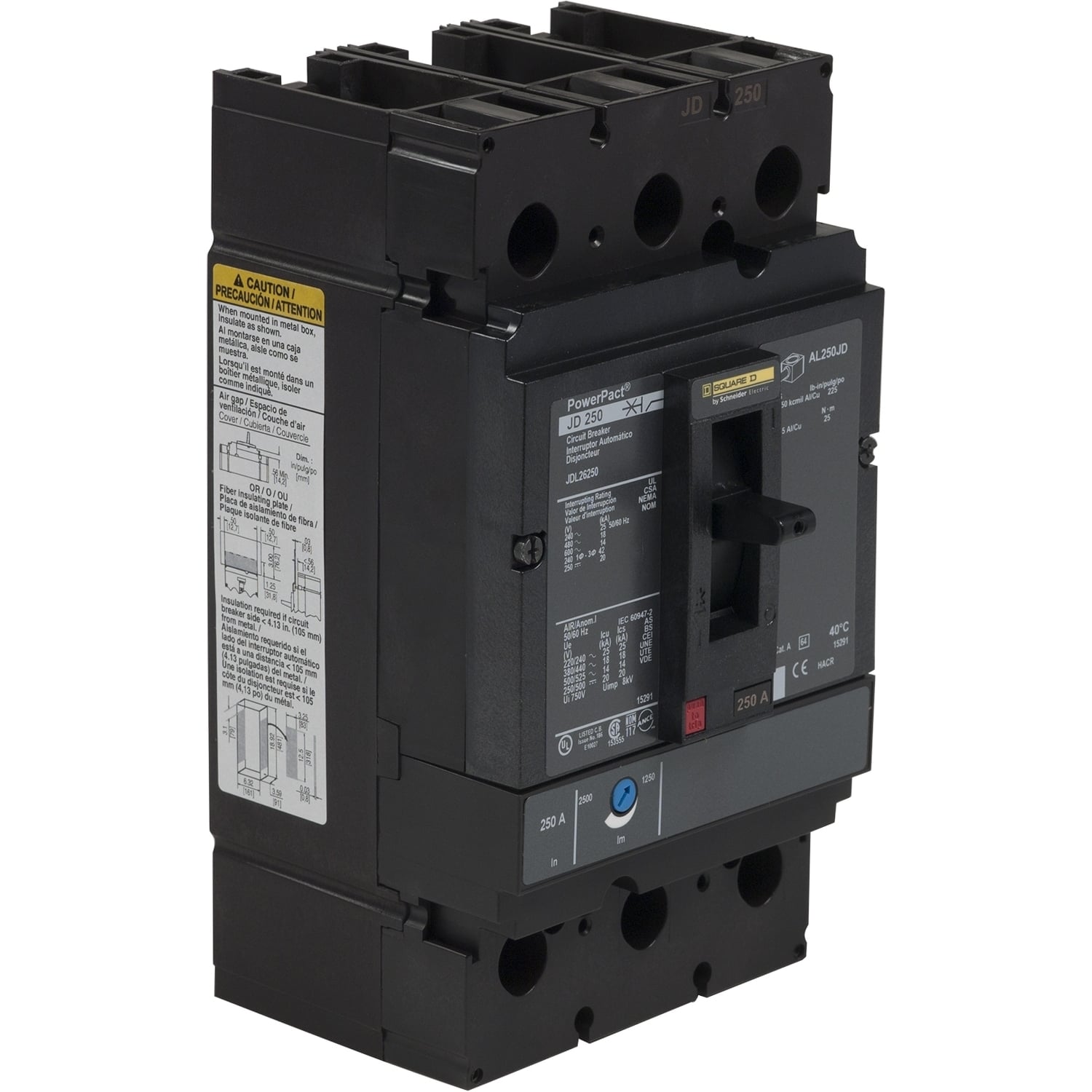 JDL26250 PowerPact Type JDL Molded Case Circuit Breaker, 600 V AC/250 V DC, 250 A, 25 kA at 240 VAC/18 kA at 480 VAC/14 kA at 600 VAC/20 kA at 250VDC Interrupt, 2 Poles, Thermal Magnetic Trip