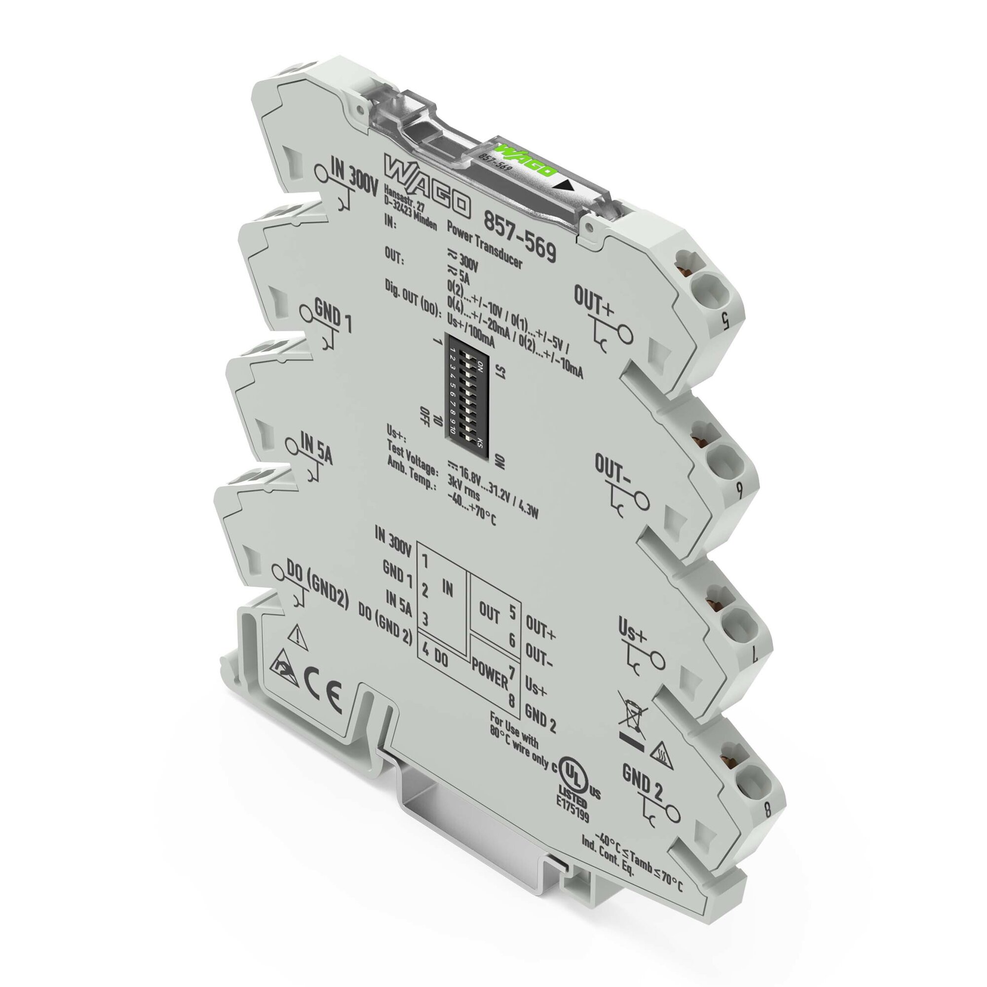 Power signal conditioner; Current and voltage input signal; Current and voltage output signal; Digital output; Configuration via software; Supply voltage: 24 VDC; 6 mm module width