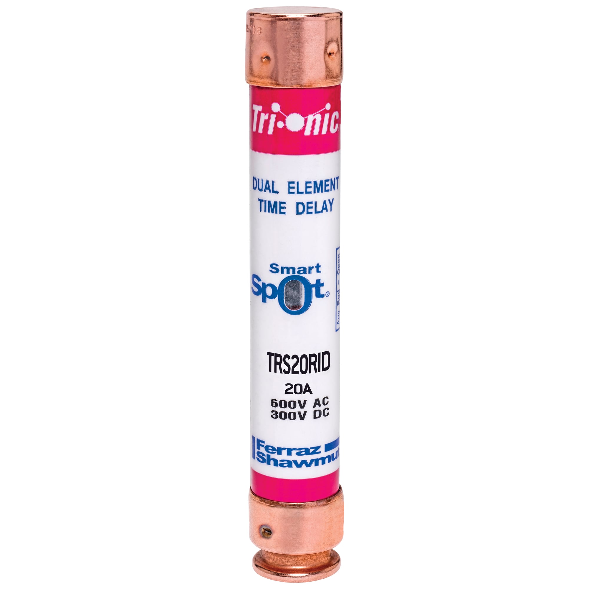 TRS20RID Tri-Onic Current Limiting Low Voltage Time Delay Fuse, 20 A, 600 V AC/300 V DC, 200/20 kA Interrupt, RK5 Class, Cylindrical Body