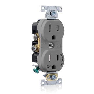 TBR15-S1G Duplex Self-Grounding Tamper Resistant Straight Blade Receptacle With 1 Plug Controlled Markings, 125 V AC, 15 A, 2 Poles, 3 Wires, Gray