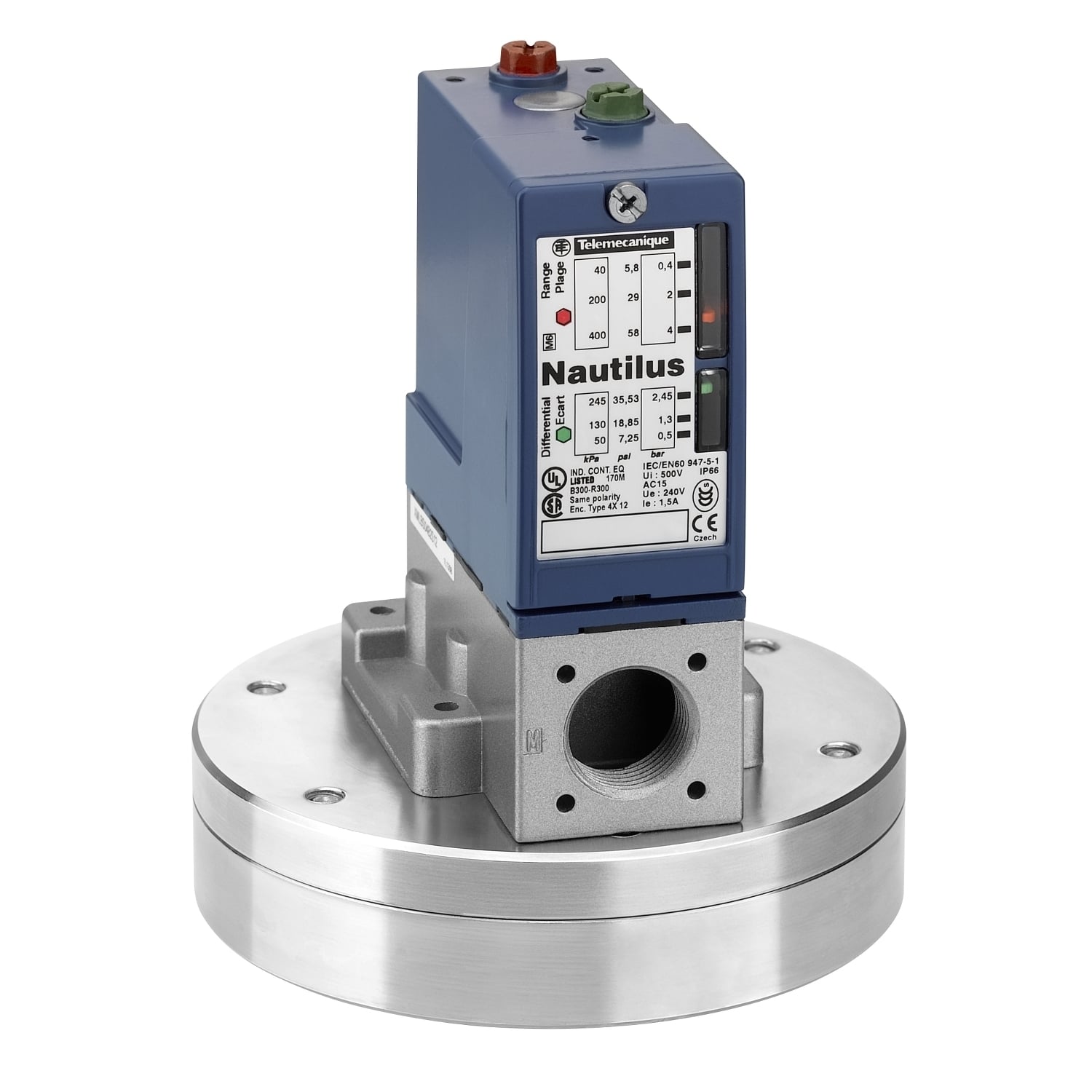 XMLBS35R2S11 OsiSense XMLB 1-Pole Adjustable Differential Electromechanical Pressure Sensor Pressure Switch With Local Display, 0.61 to 4.79 psi Pressure, 3.63 psi Differential, 1CO Contact, 1/4 in BSP Female/Screw Clamp Connection