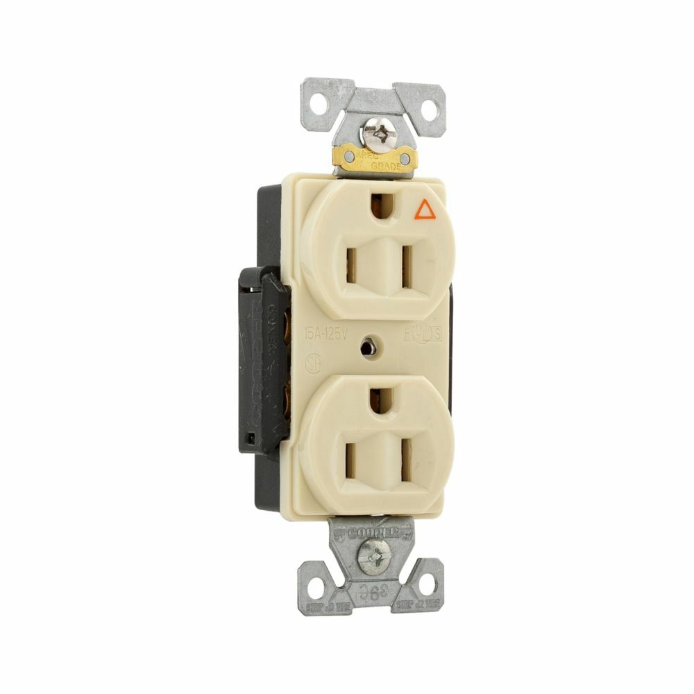 Eaton Arrow Hart extra heavy-duty industrial specification grade duplex receptacle,#14-10 AWG,15A,Flush,125V,Back and side,Ivory,Brass,High-impact nylon face,Glass-filled nylon base,5-15R,Screw,Core pack,Isolated ground