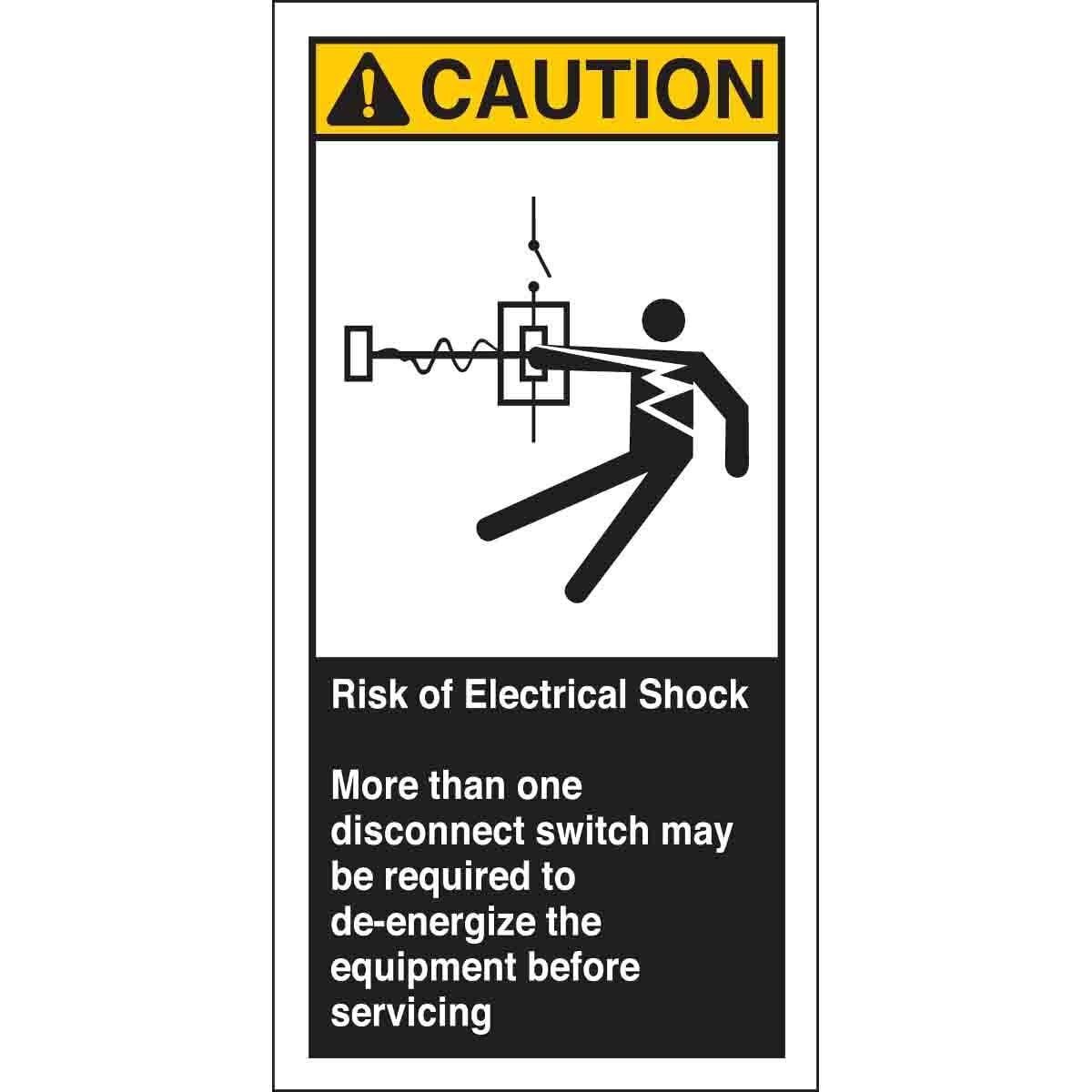 96175 High Performance Laminated Non-Reflective Rectangular Self-Adhesive Safety Label, 3 in W, CAUTION RISK OF ELECTRICAL SHOCK MORE THAN ONE DISCONNECT Legend, Black/Yellow on White, B-302 Polyester, 5 per Pack Labels