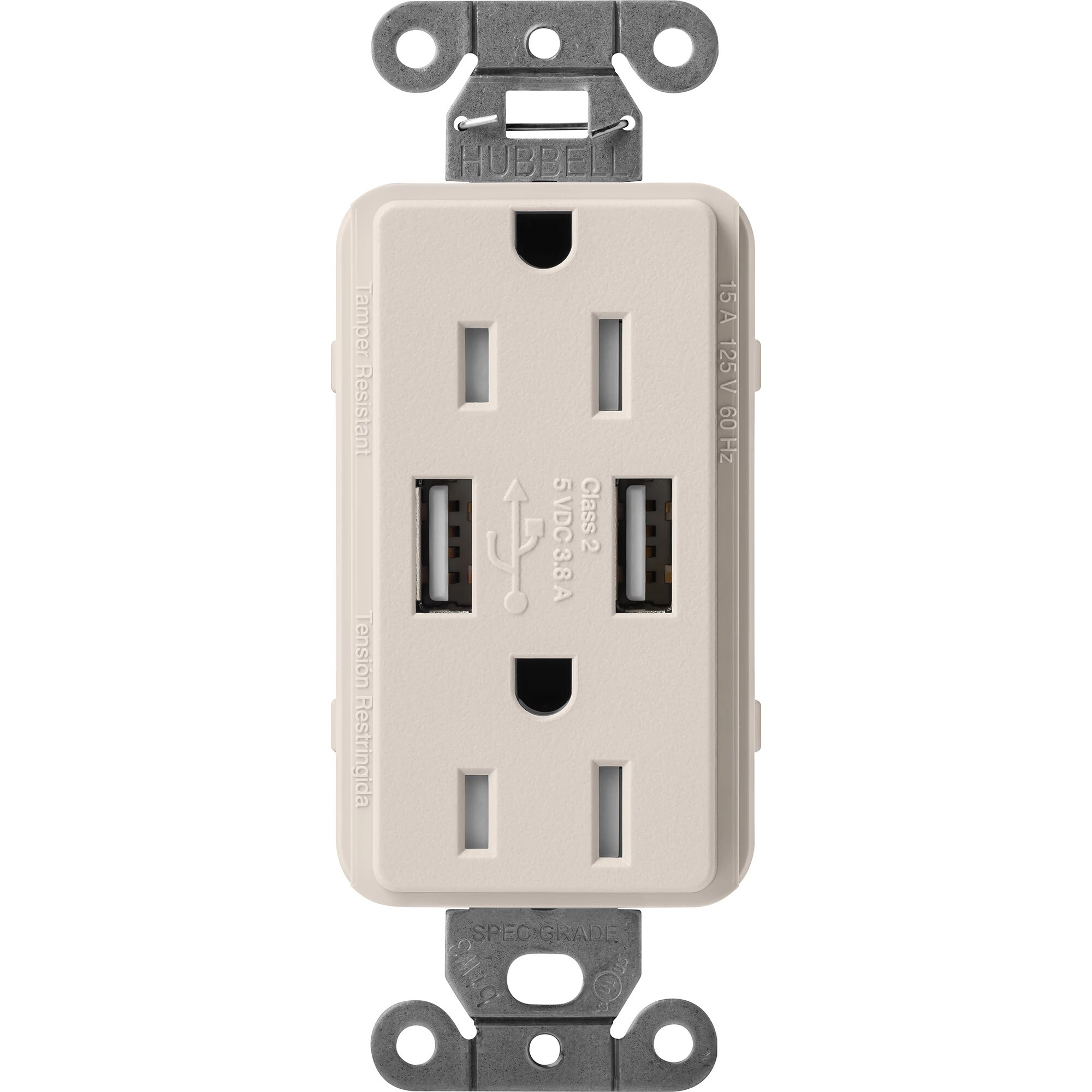 SCR-15-UBTR-TP Claro Tamper-Resistant USB-A Duplex Receptacle, Decorator-Style Outlet, 15 Amp, Self-Testing, Satin, Taupe
