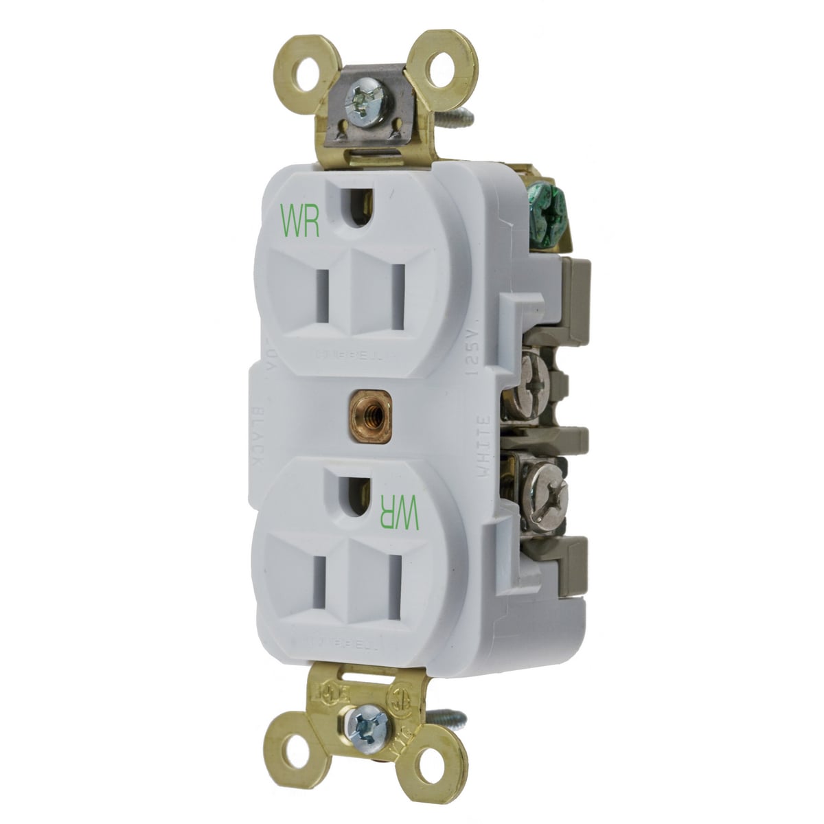 HBL5262WWR 1-Phase Duplex Extra Heavy Duty Self-Grounding Standard Traditional Weather-Resistant Screw Mount Straight Blade Receptacle, 125 V AC, 15 A, 2 Poles, 3 Wires, White