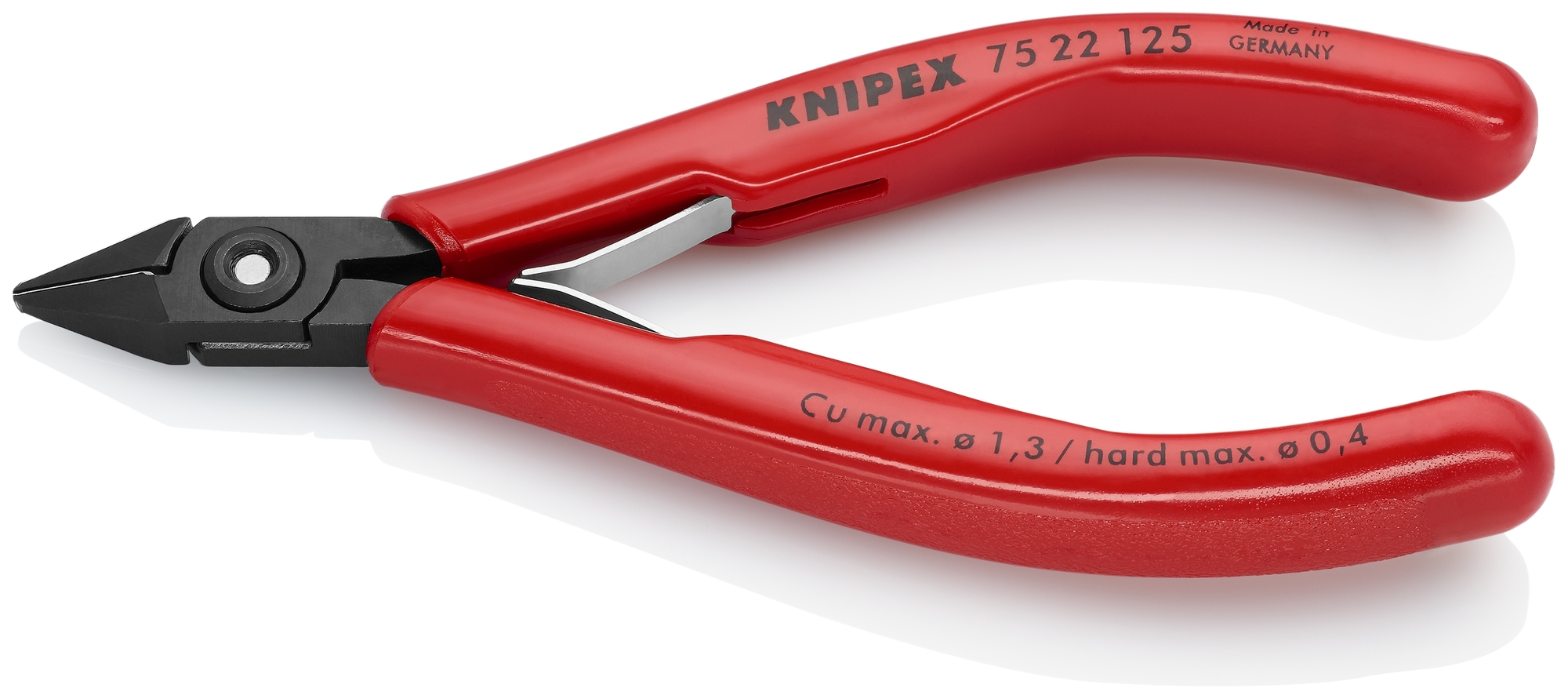 Electronics Diagonal Cutters, 5 in., Plastic, Black-oxide, Semi-flush with very Small Bevel Cut, Tapered Head, Up to 1/64 in. Piano Wire