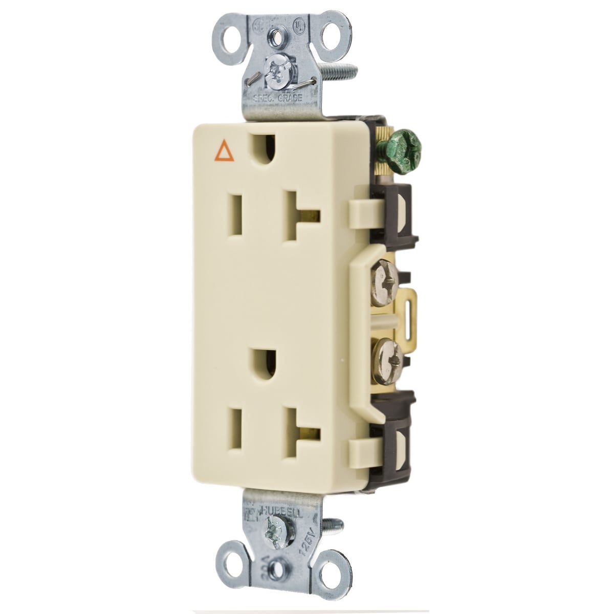 IG20DRI 1-Phase Decorator Duplex Isolated Ground Standard Screw Mount Straight Blade Receptacle, 125 V AC, 20 A, 2 Poles, 3 Wires, Ivory