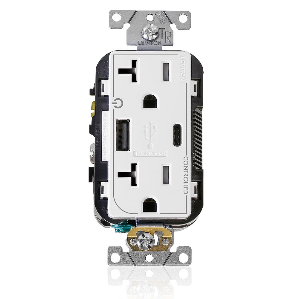 T5833-2W Controlled Combination Duplex Dual Marked Grounding Tamper-Resistant USB Receptacle, 125 V AC, 20 A, 1/2 hp, 2 Poles, 3 Wires, White