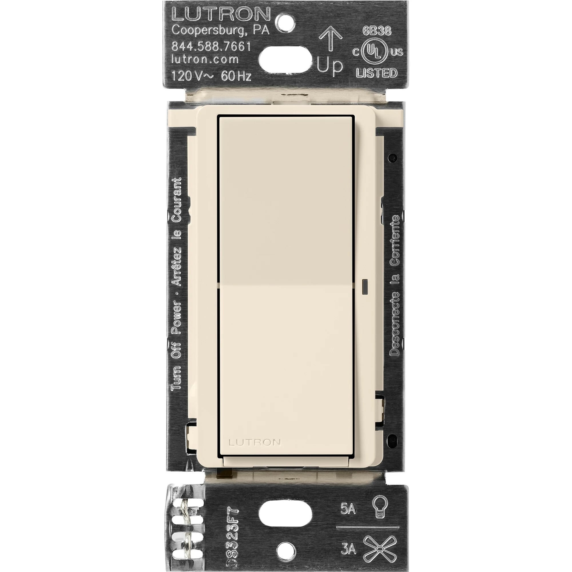 DVRF-5NS-LA Claro Smart Switch for Caseta, 5 Amp LED or 3 Amp Fan, On/Off Paddle Switch, 1 Pole/3-Way, No Neutral Required, 120V, Light Almond