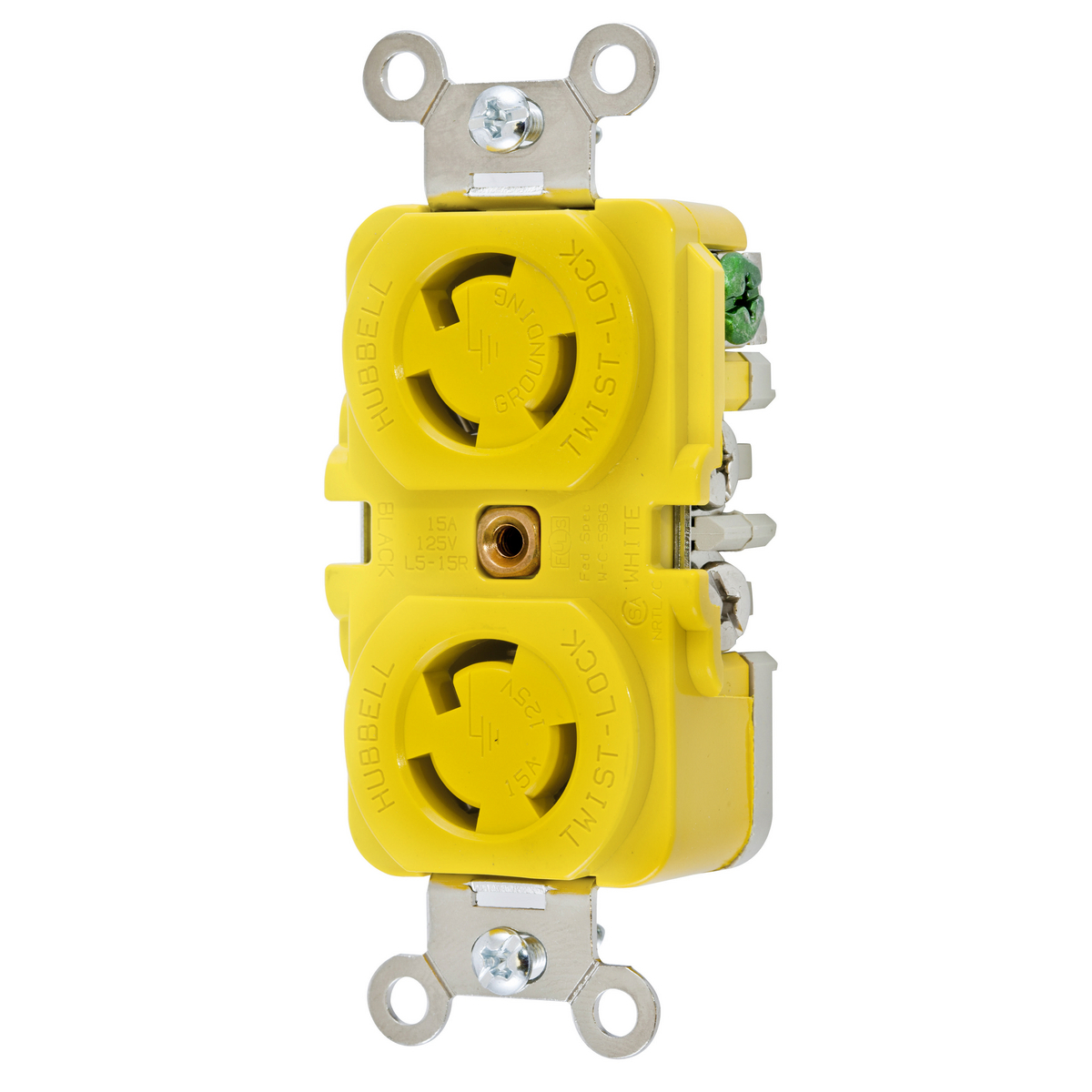 HBL47CM00 Duplex Grounding Locking Receptacle, 125 V AC, 15 A, 2 Poles, 3 Wires, Yellow