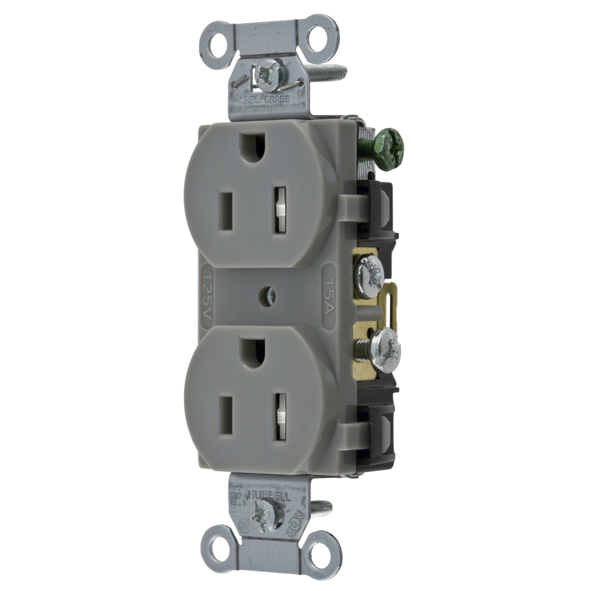 CR15GRYTR 1-Phase Duplex Self-Grounding Standard Tamper Resistant Traditional Screw Mount Straight Blade Receptacle, 125 V AC, 15 A, 2 Poles, 3 Wires, Gray