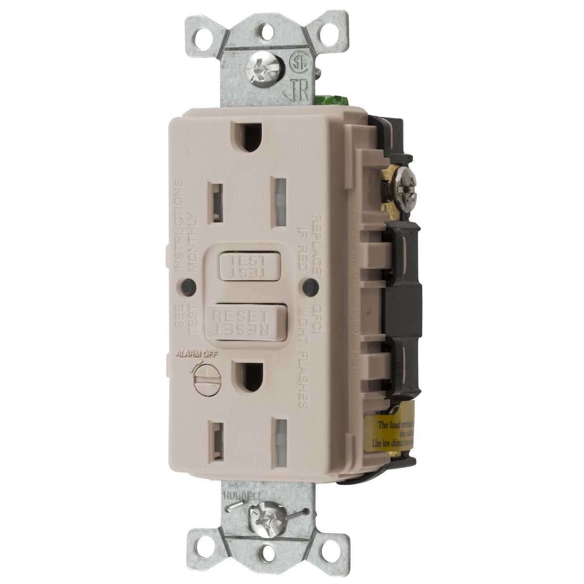 GFTRST15LAB Heavy Duty Standard Self-Test Tamper Resistant GFCI Receptacle With Alarm, 125 VAC, 15 A, 2 Poles, 3 Wires, Light Almond