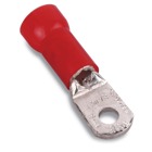 Nylon Insulated Large Ring Terminal, Length 1.63 Inches, Width .57 Inches, Maximum Insulation .340, Bolt Hole 5/16 Inch, Wire Range 8, Color Red, Copper, Tin Plated