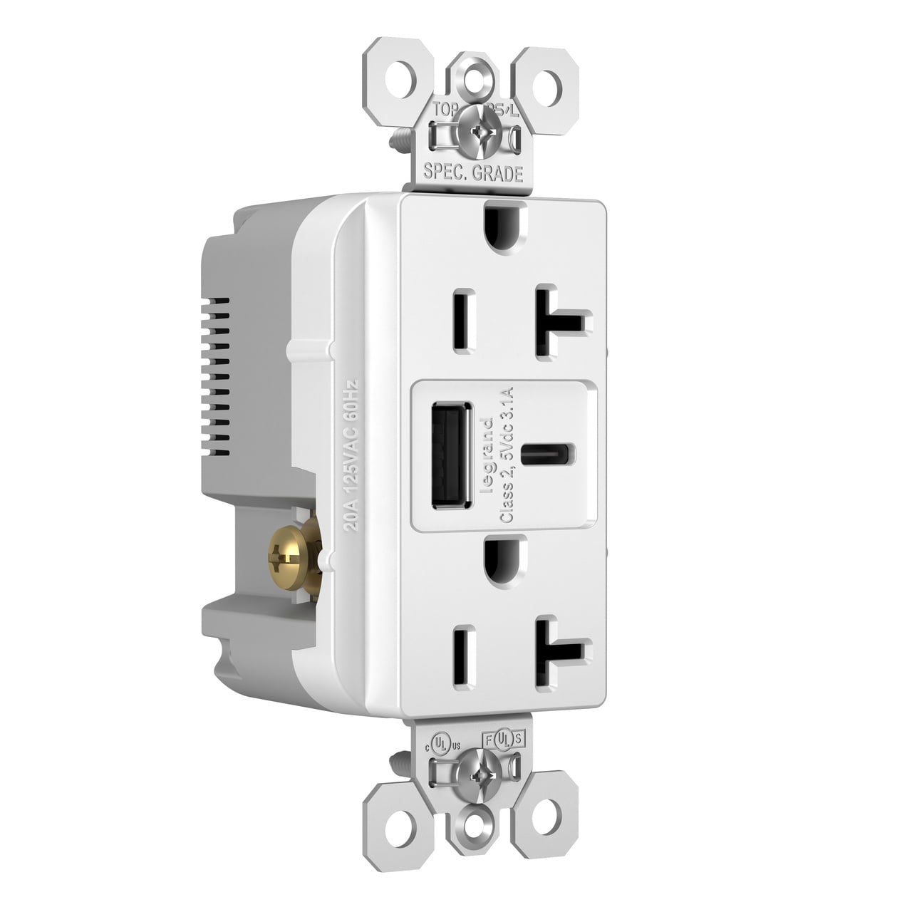 TR20USBACW 20 Amp 125V Duplex Receptacle USB A/C Charging Ports, White