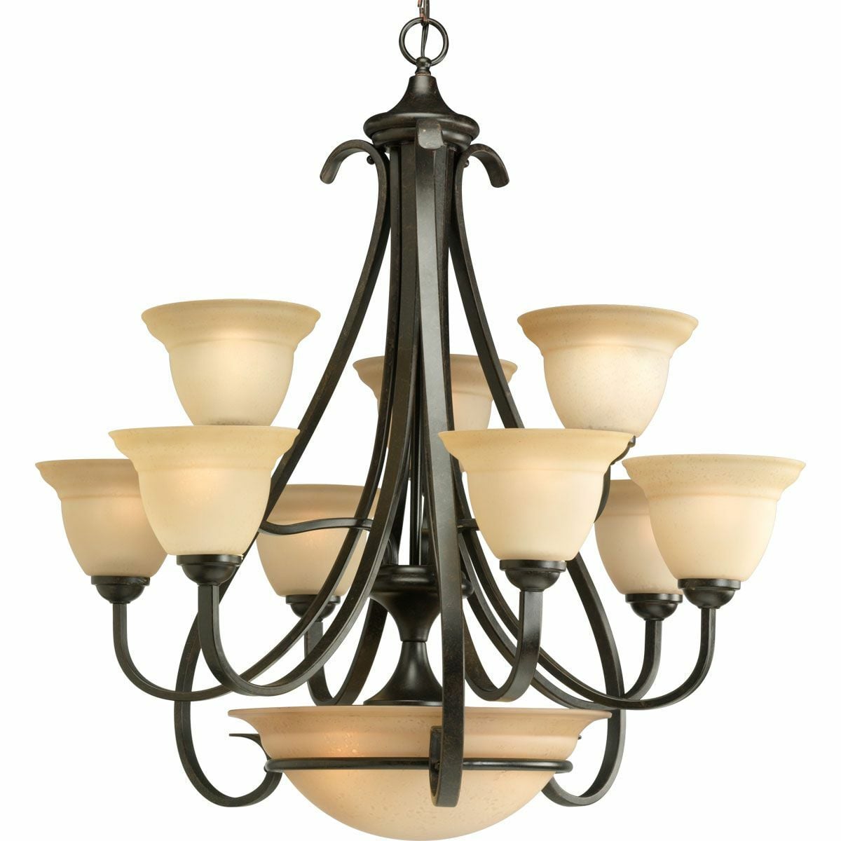 P4418-77 Torino Casual/Transitional Chandelier, (9) A19 Lamp, 120 V AC, Forged Bronze/Painted Housing