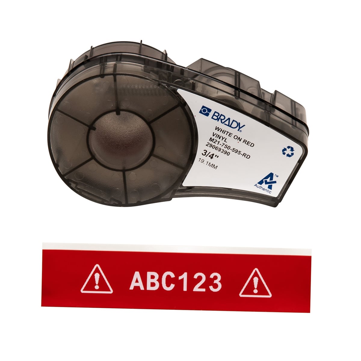 M21-750-595-RD BPM21 Label Marker Cartridge, 21 ft L x 3/4 in W, For Use With BMP 21 PLUS Portable Label Printers, IDPAL and LABPAL Handheld Label Maker, B-595 Vinyl, White on Red