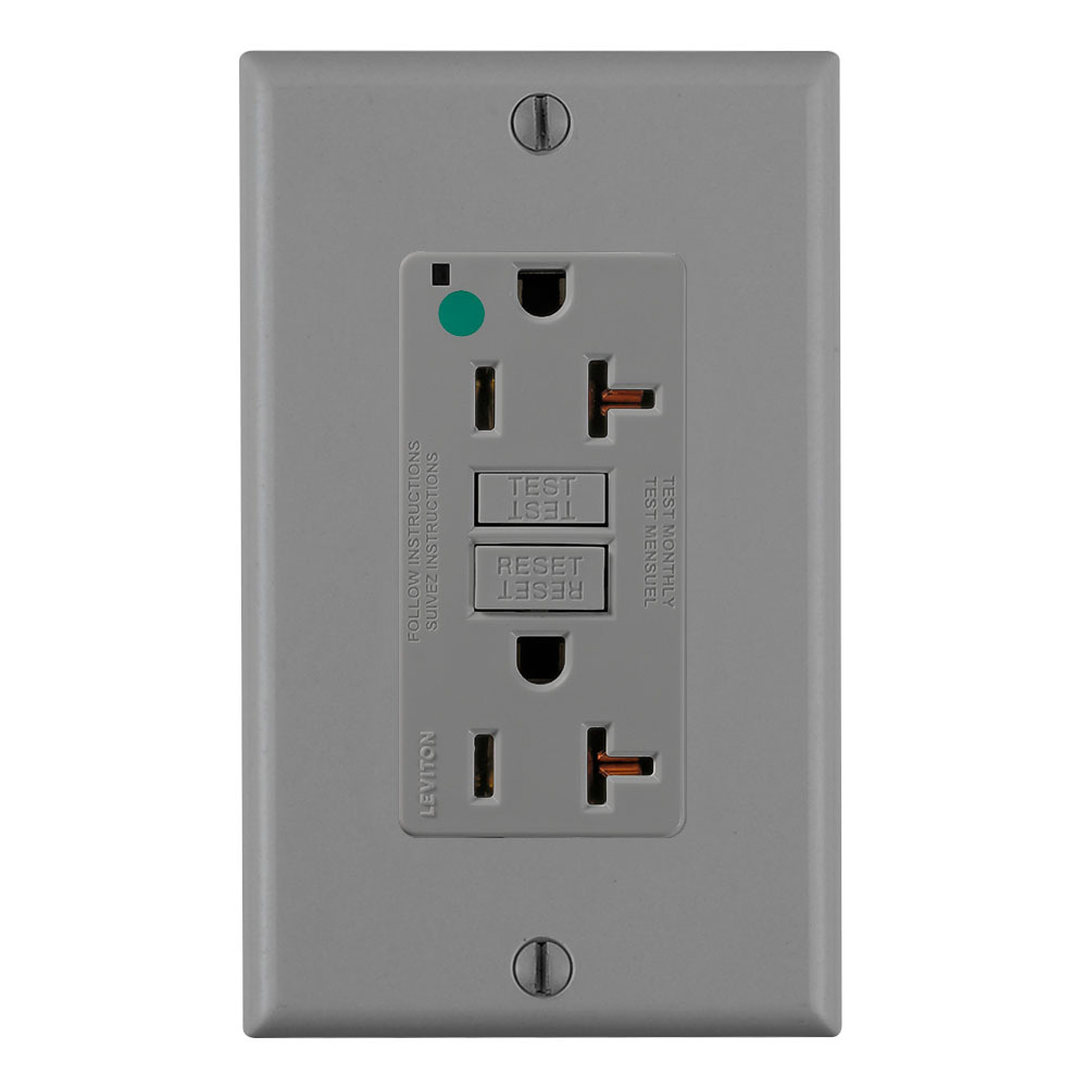 GFNT2-HFG SmartlockPro Slim Self-Test Non-Tamper Resistant GFCI Receptacle With LED Indicator Light, 120 V AC, 20 A, 2 Poles, 3 Wires, Gray