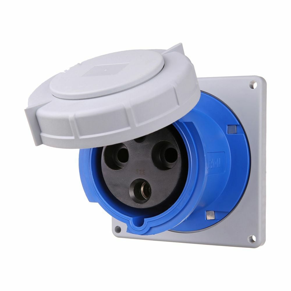 Eaton Arrow Hart pin and sleeve receptacle, IP69K Rated, #4 -1/0 AWG, #12 - #16 AWG (pilot), 100A, Extra Heavy-Duty, 250V, Back wire, Blue, Nickel plated brass, IP67,  Nylon, Two-pole, Three-wire, grounding, AHBB100 Back box style, Female