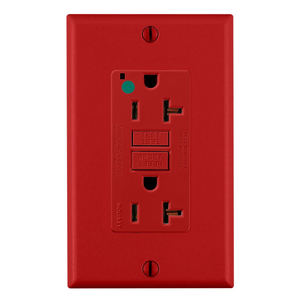 GFNT2-HFR SmartlockPro Slim Self-Test Non-Tamper Resistant GFCI Receptacle With LED Indicator Light, 120 V AC, 20 A, 2 Poles, 3 Wires, Red