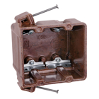 Two-Gang Nail-On Outlet Box, Volume 32.5 Cubic Inches, Length 3-5/8 Inches, Width 4-1/16 Inches, Depth 2-11/16 Inches, Color Brown, Material Phenolic, Mounting Means Compound Angled Nails, with High Clamps