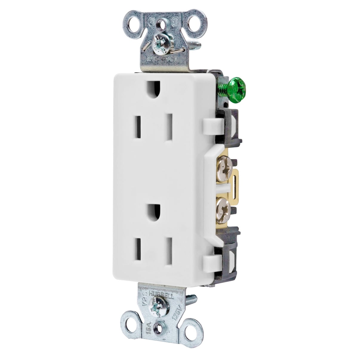 DR15WHI Decorator 1-Phase Duplex Self-Grounding Screw Mount Straight Blade Receptacle, 125 V AC, 15 A, 2 Poles, 3 Wires, White