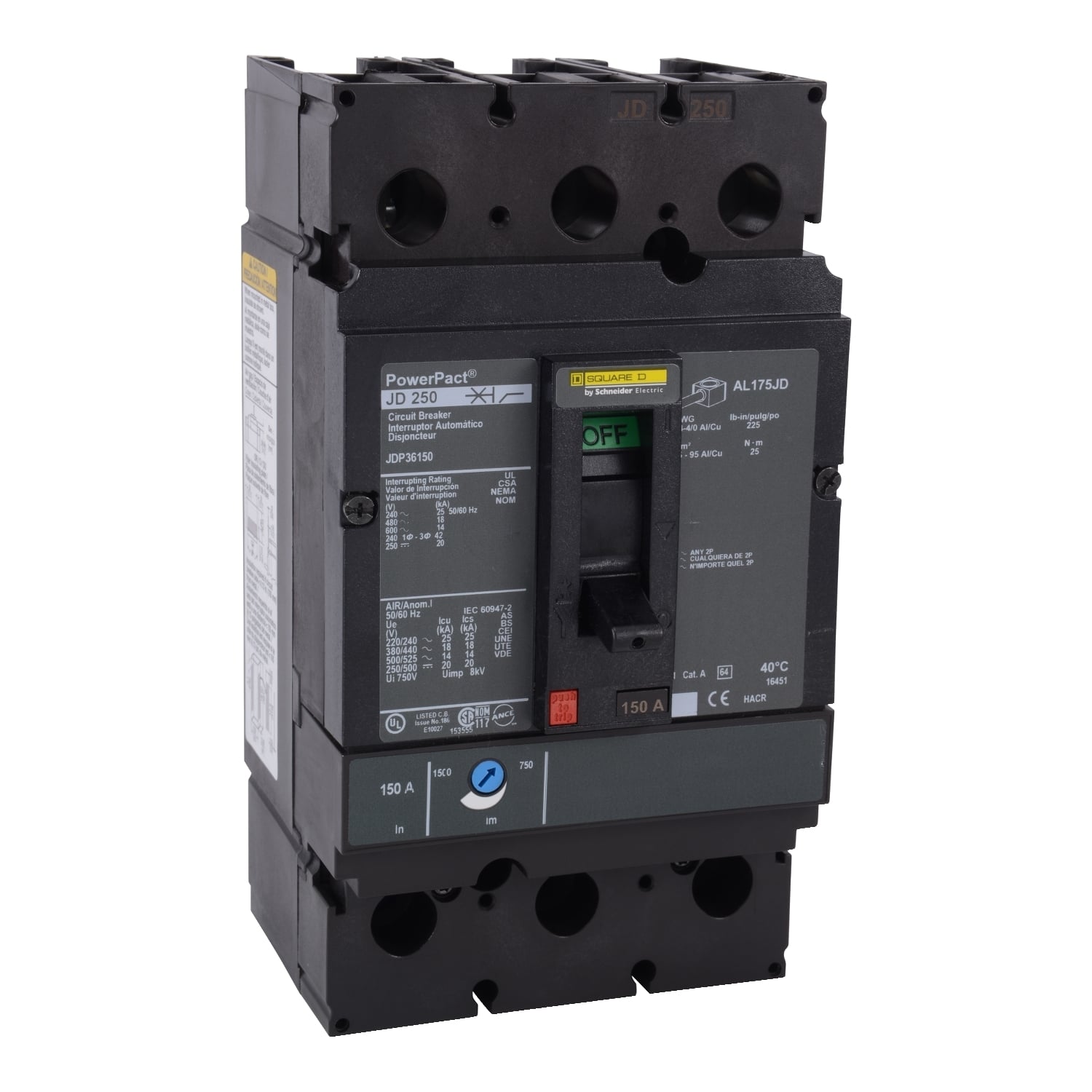JDP36250 PowerPact 80% Rated Molded Case Circuit Breaker, 600 VAC, 250 VDC, 250 A, 14/18/20/25 kA Interrupt, 3 Poles, Thermal Magnetic Trip