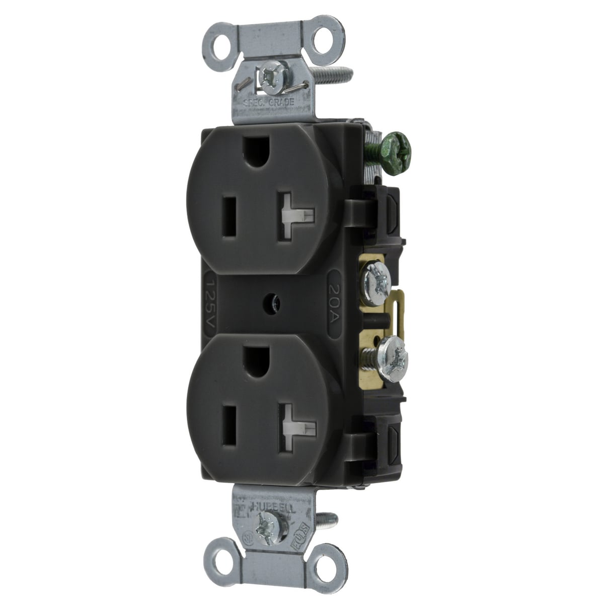 CR20BLKTR 1-Phase Duplex Self-Grounding Standard Tamper Resistant Traditional Screw Mount Straight Blade Receptacle, 125 V AC, 20 A, 2 Poles, 3 Wires, Black