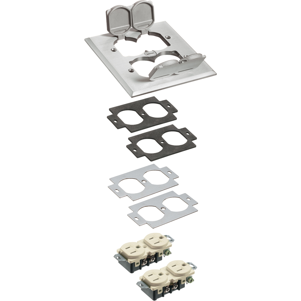 FLB5550NL Floor Box Cover With (1) Gasket, (2) Tamper-Resistant Receptacles, 5.018 in L x 5.018 in W x 0.516 in D, Nickel