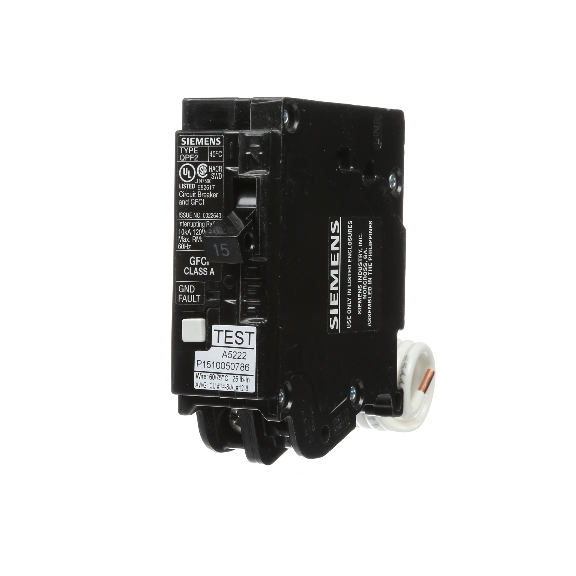 QF115A Ground Fault Circuit Breaker, 120/240 V AC, 15 A, 10 kA Interrupt, 1 Poles, Thermal Magnetic Trip