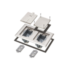 Plated Nickel, two gang frame, blank and slotted covers. Includes two gang recessed frame with gasket and (2) installed 20A receptacles, colored insert, (2) low voltage keystone inserts, (2) gasketed blank covers with mounting screws, (2) dual slotted in-use covers with removable tabs.