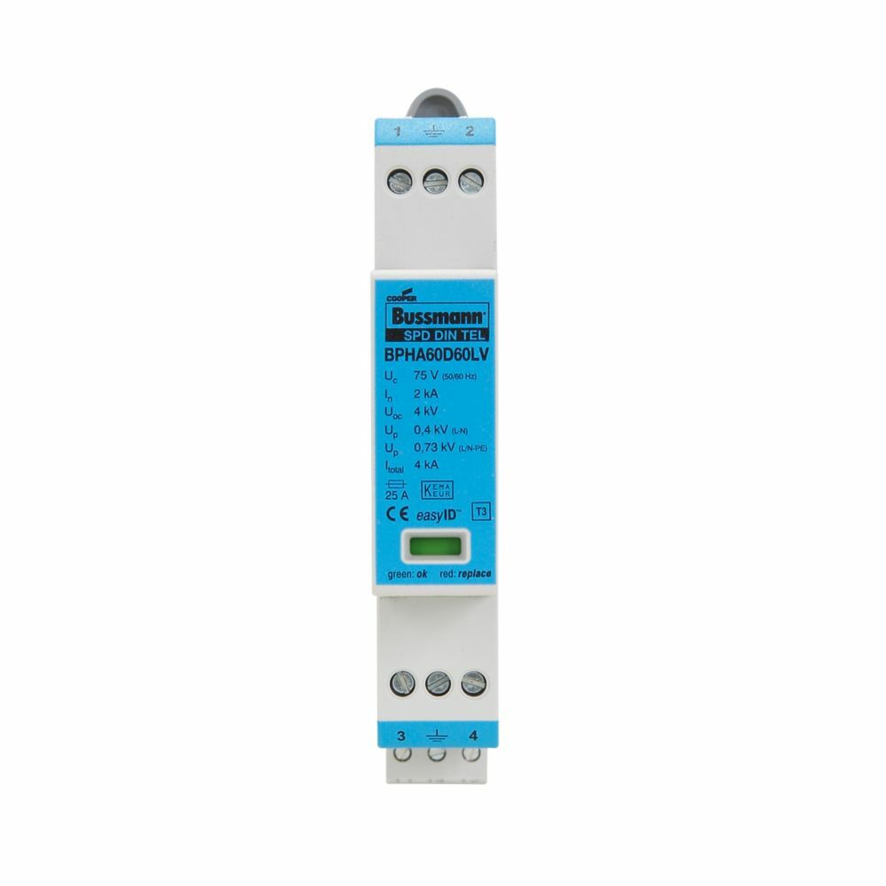 BSPH2A24D24LVR easyID 1-Port Modular Surge Protective Device With Remote Signaling Contact, 25 A, 24/30 V AC/DC, 50/60 Hz, 2 Poles