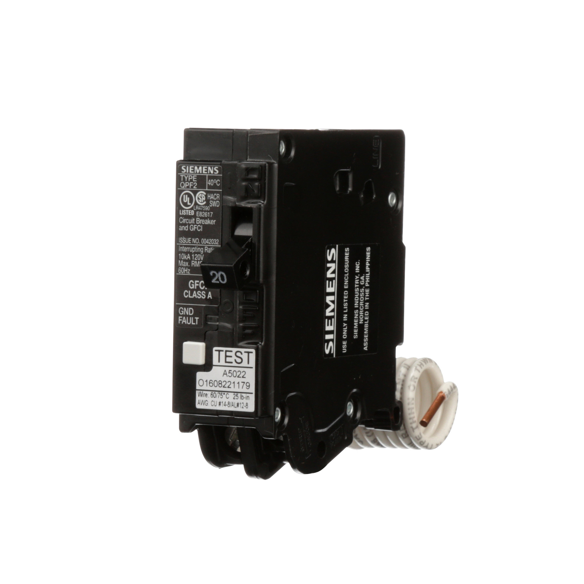 QF120A Type QJ2H General Purpose Molded Case Ground Fault Circuit Breaker, 120 V, 20 A, 10 kA Interrupt, 1 Poles, Thermal Magnetic Trip