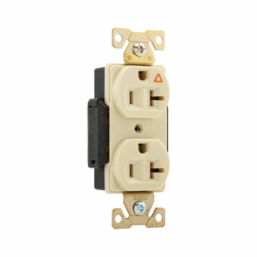 Eaton Arrow Hart extra heavy-duty industrial specification grade duplex receptacle,#14 to 10 AWG,20A,Flush,125V,Back and side,Ivory,Brass,High-impact nylon face,Glass-filled nylon base,5-20R,Two-pole,three-wire,grounding,Screw,Core pack