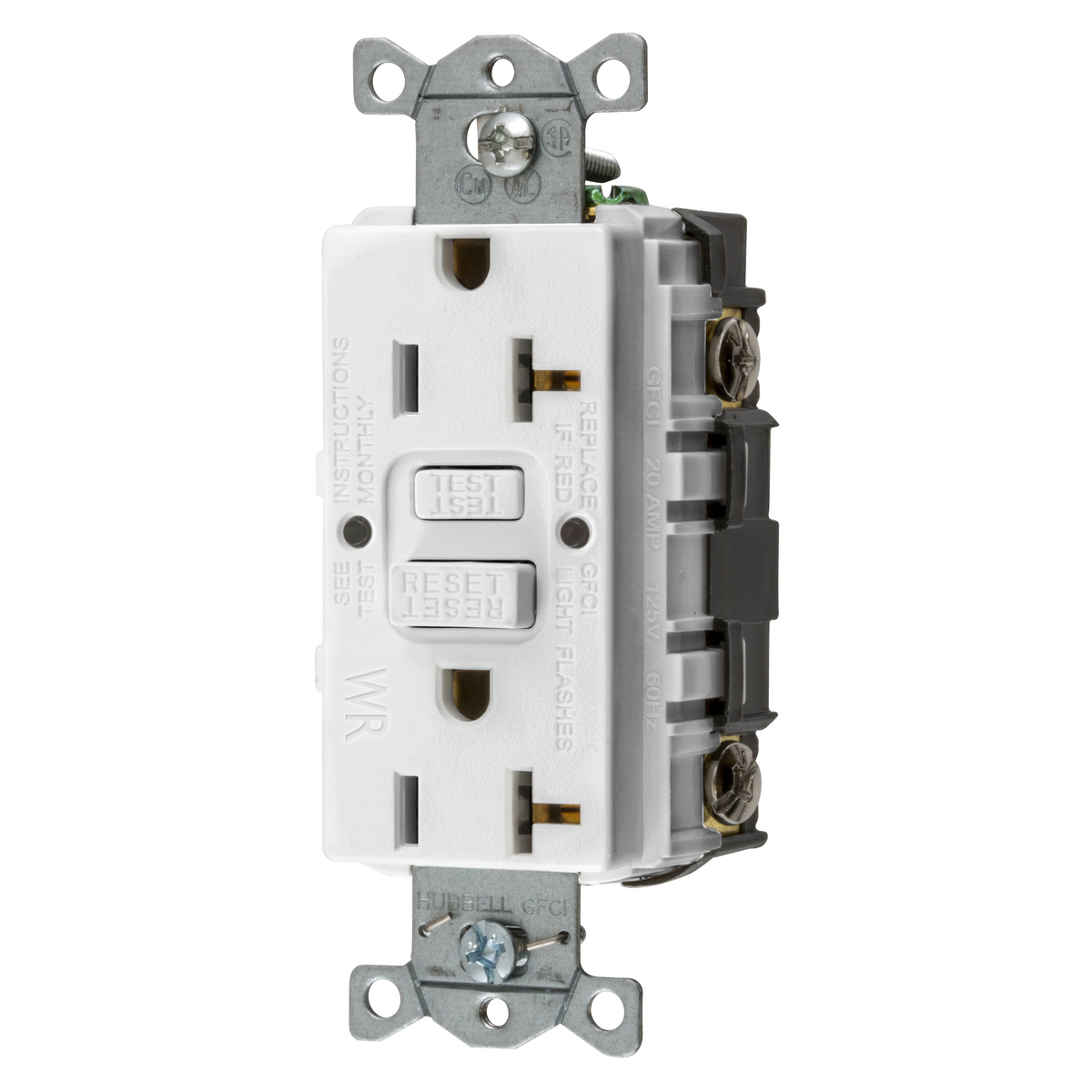 GFWRST20W 1-Phase Decorator Duplex Heavy Duty Standard Self-Test Weather-Resistant Screw Mount GFCI Receptacle, 125 VAC, 20 A, 2 Poles, 3 Wires, White