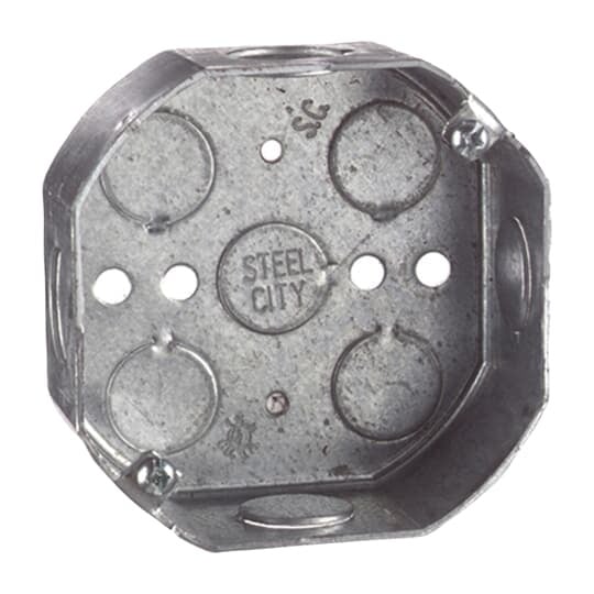 54151-1/2-3/4 Steel City Drawn Style Ceiling Box, Steel, 15.8 cu-in Capacity, 1 Outlets, 7 Knockouts, 1-1/2 in D