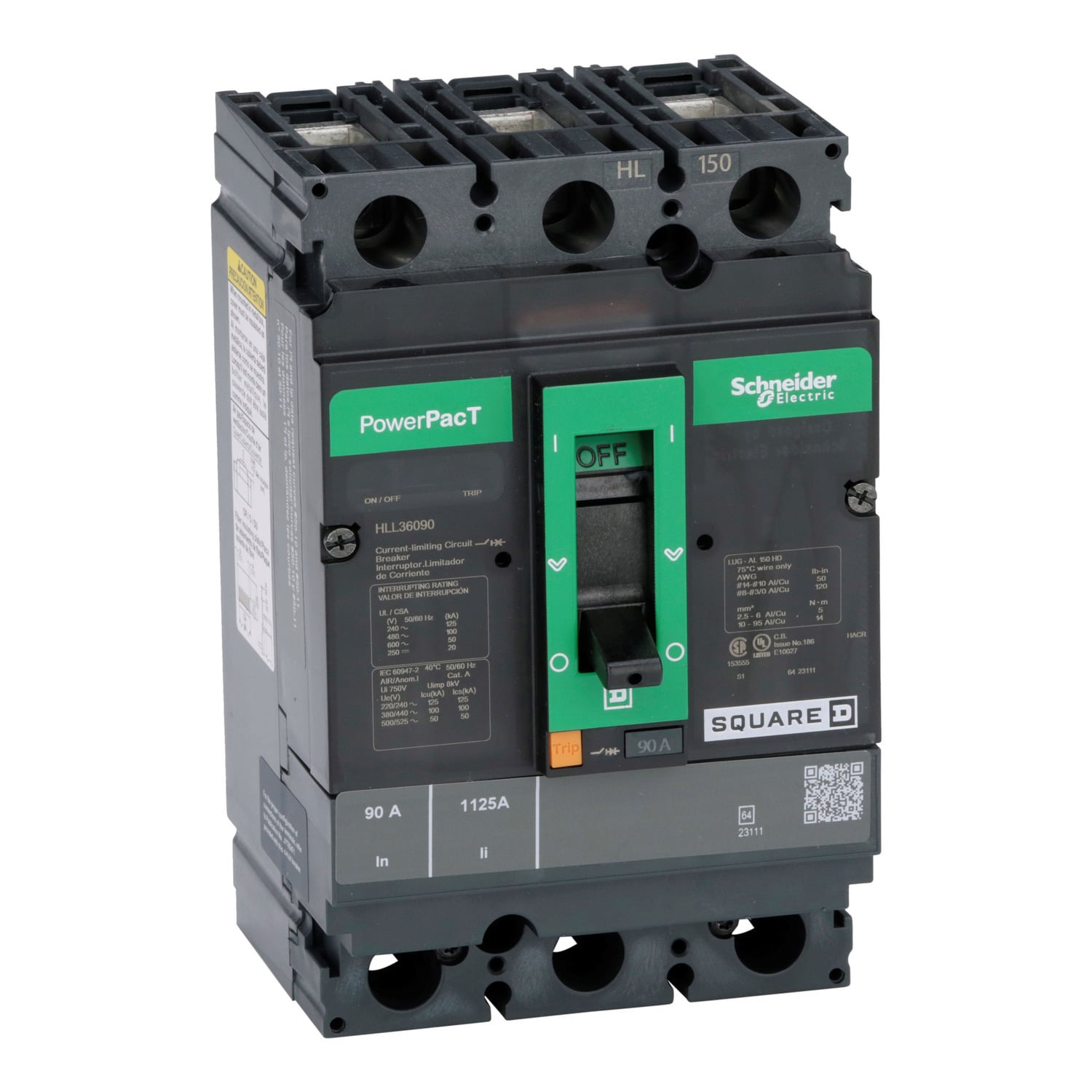 HLL36090 I-Line PowerPact H Type HLL Molded Case Circuit Breaker, 600 V AC/250 to 500 V DC, 90 A, 20/50/100/125 kA Interrupt, 3 Poles, Thermal Magnetic Trip
