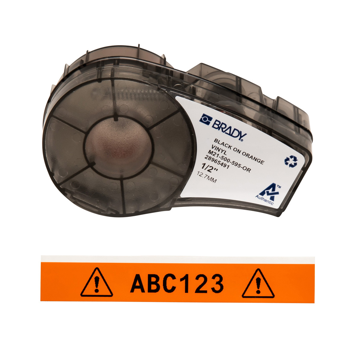 M21-500-595-OR BPM21 Label Marker Cartridge, 21 ft L x 1/2 in W, For Use With BMP 21 PLUS Portable Label Printers, IDPAL and LABPAL Handheld Label Maker, B-595 Vinyl, Black on Orange