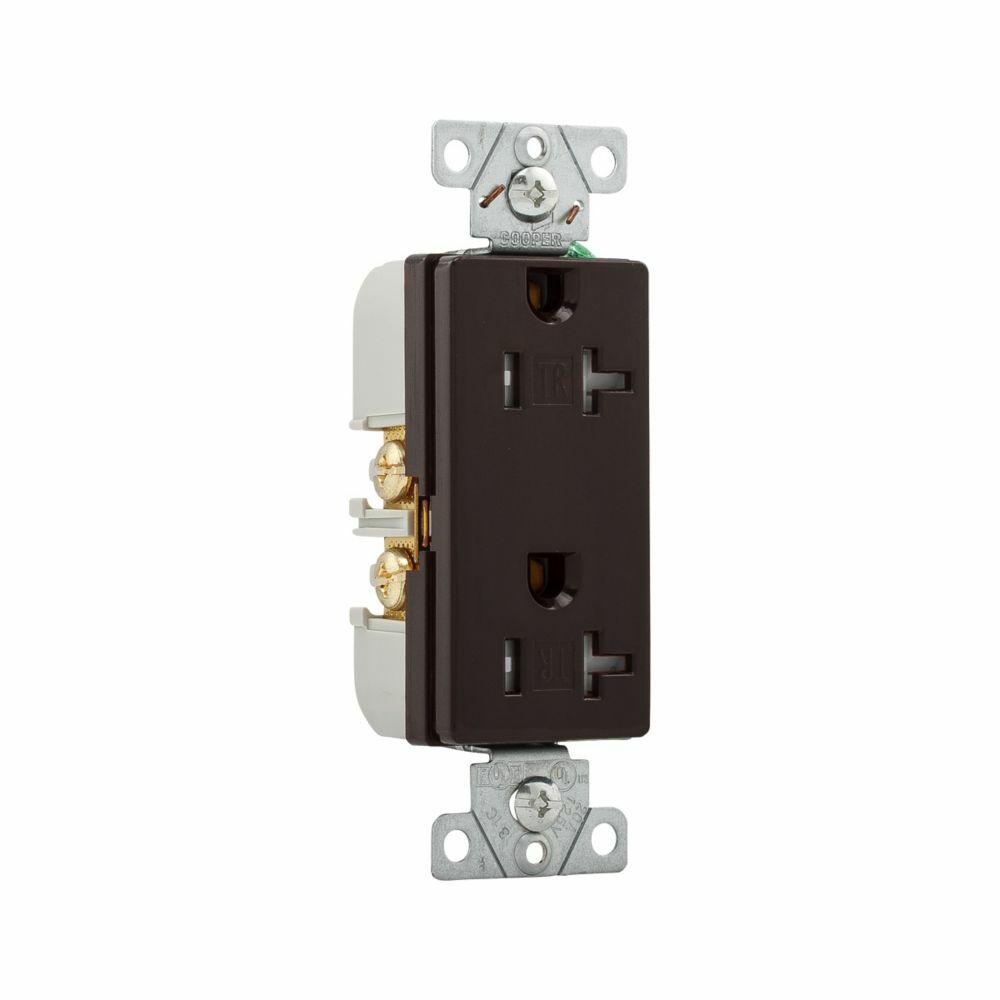 Eaton heavy-duty industrial specification grade decorator duplex receptacle, #14-10 AWG, 20A, Commercial, Flush, 125V, Back and side, Brown, Brass, Impact-resistant thermoplastic face and back body, 5-20R, Duplex, Screw, PVC, ED Box
