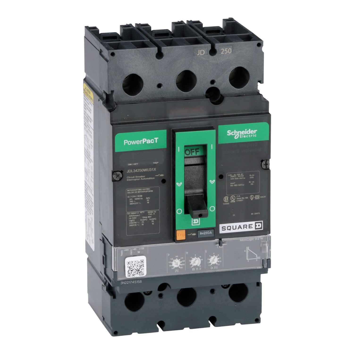 JDL34250WU31X PowerPact Molded Case Circuit Breaker, 480 V AC, 250 A, 25 kA at 240 V AC/18 kA at 480 V AC/14 kA at 600 V AC/20 kA at 250 VDC Interrupt, 3 Poles, Electronic Trip