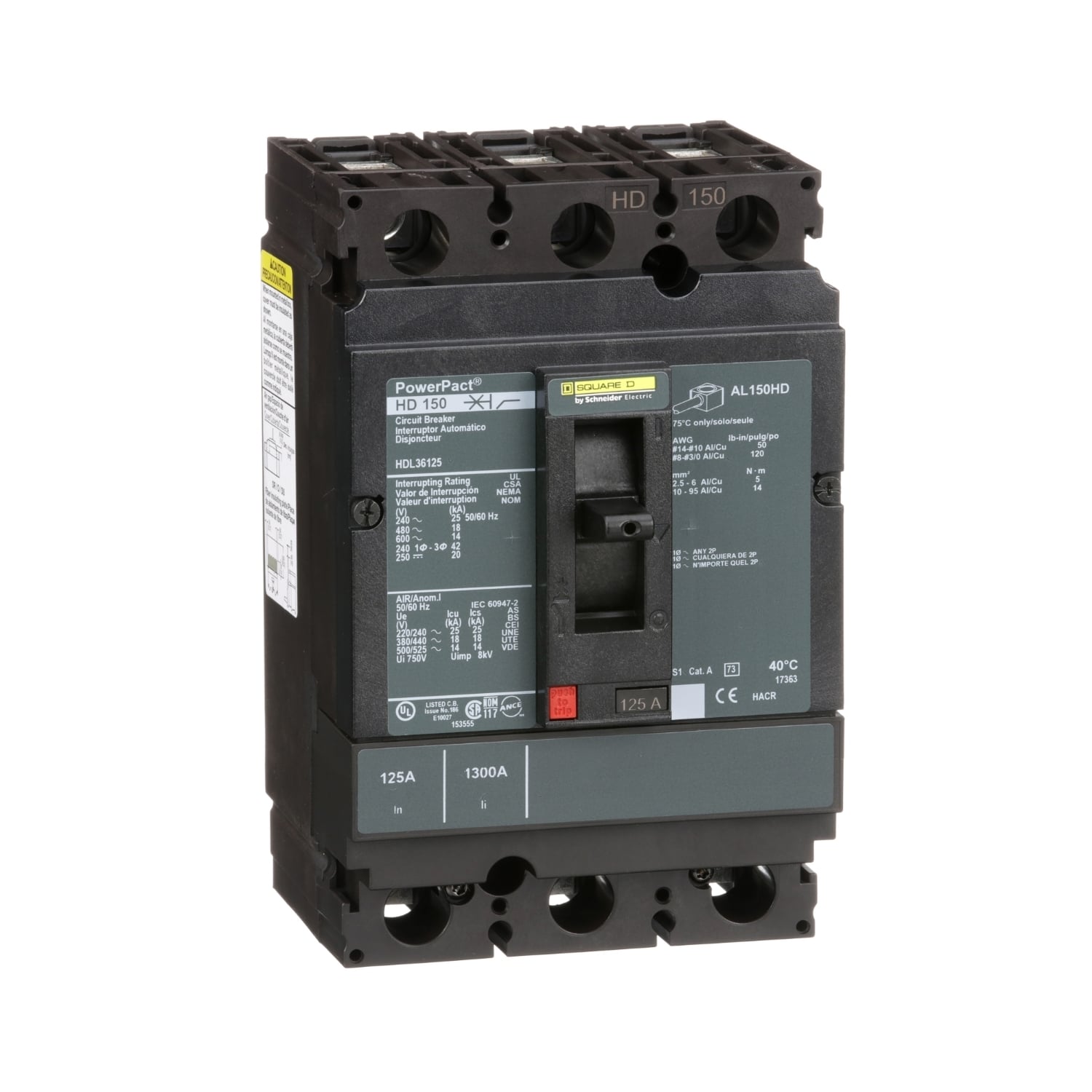 HDL36125 PowerPact 80% Rated Type HDA Molded Case Circuit Breaker, 600 V AC/250 V DC, 125 A, 25 kA at 240 VAC/18 kA at 480 VAC/14 kA at 600 VAC/20 kA at 250VDC Interrupt, 3 Poles, Thermal Magnetic Trip
