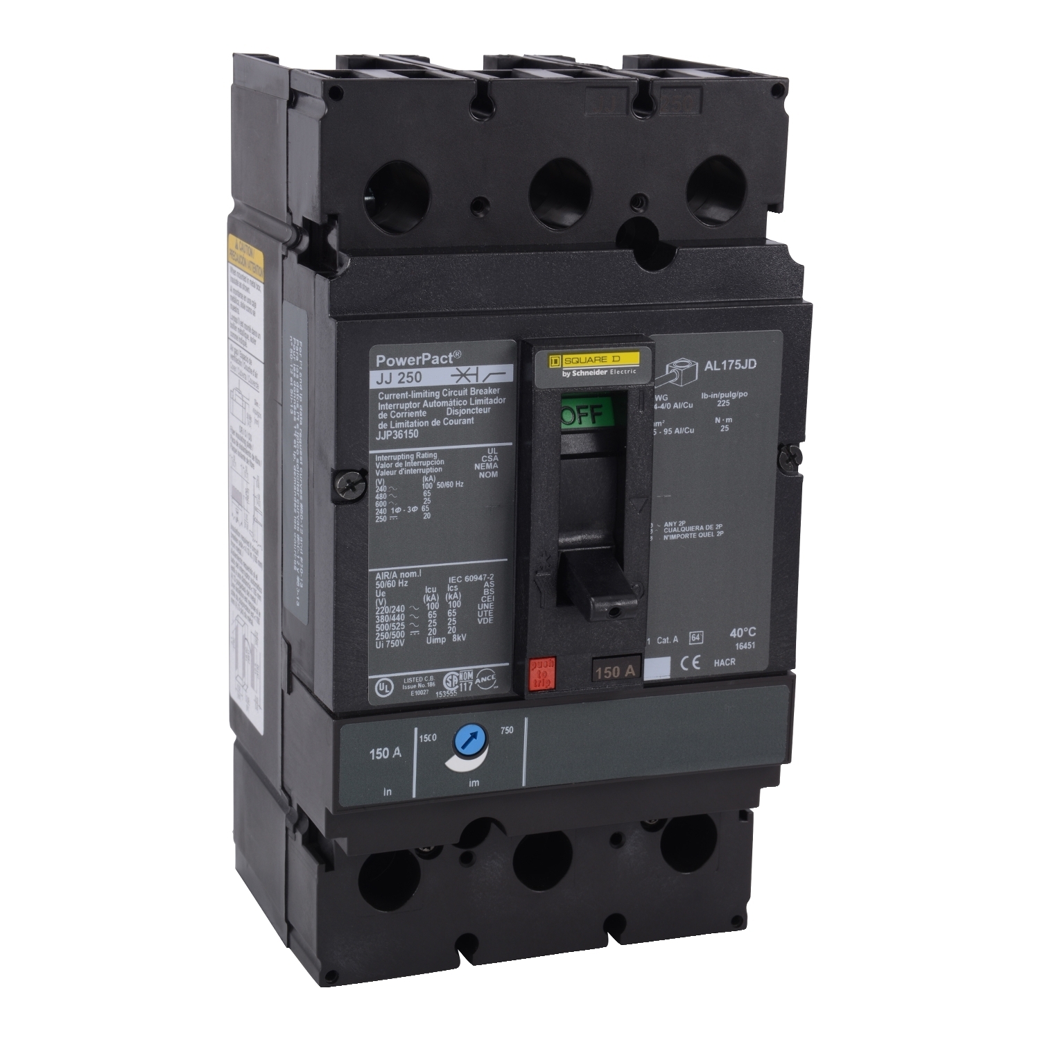 JJP36250 PowerPact Type JJP Molded Case Circuit Breaker, 600 VAC, 250 VDC, 250 A, 20/25/65/100 kA Interrupt, 3 Poles, Thermal Magnetic Trip