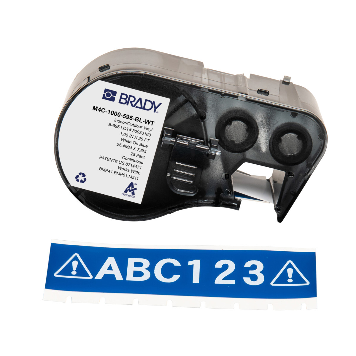 M4C-1000-595-BL-WT General Permanent Adhesive, 25 ft L x 1 in W, White on Blue, B-595 Vinyl
