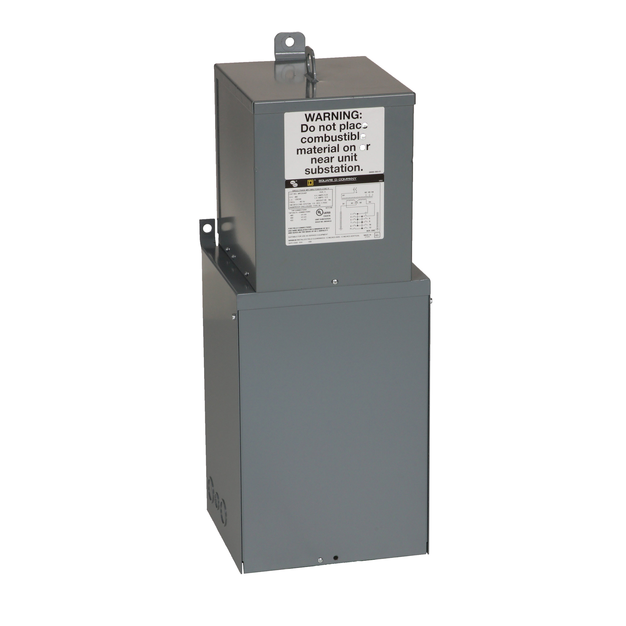 MPZ3S40F Mini Power-Zone Dry-Type Distribution Transformer Unit Substation, 480 V AC Primary, 120/240 V Secondary, 3 kVA Power Rating, 1 Phase