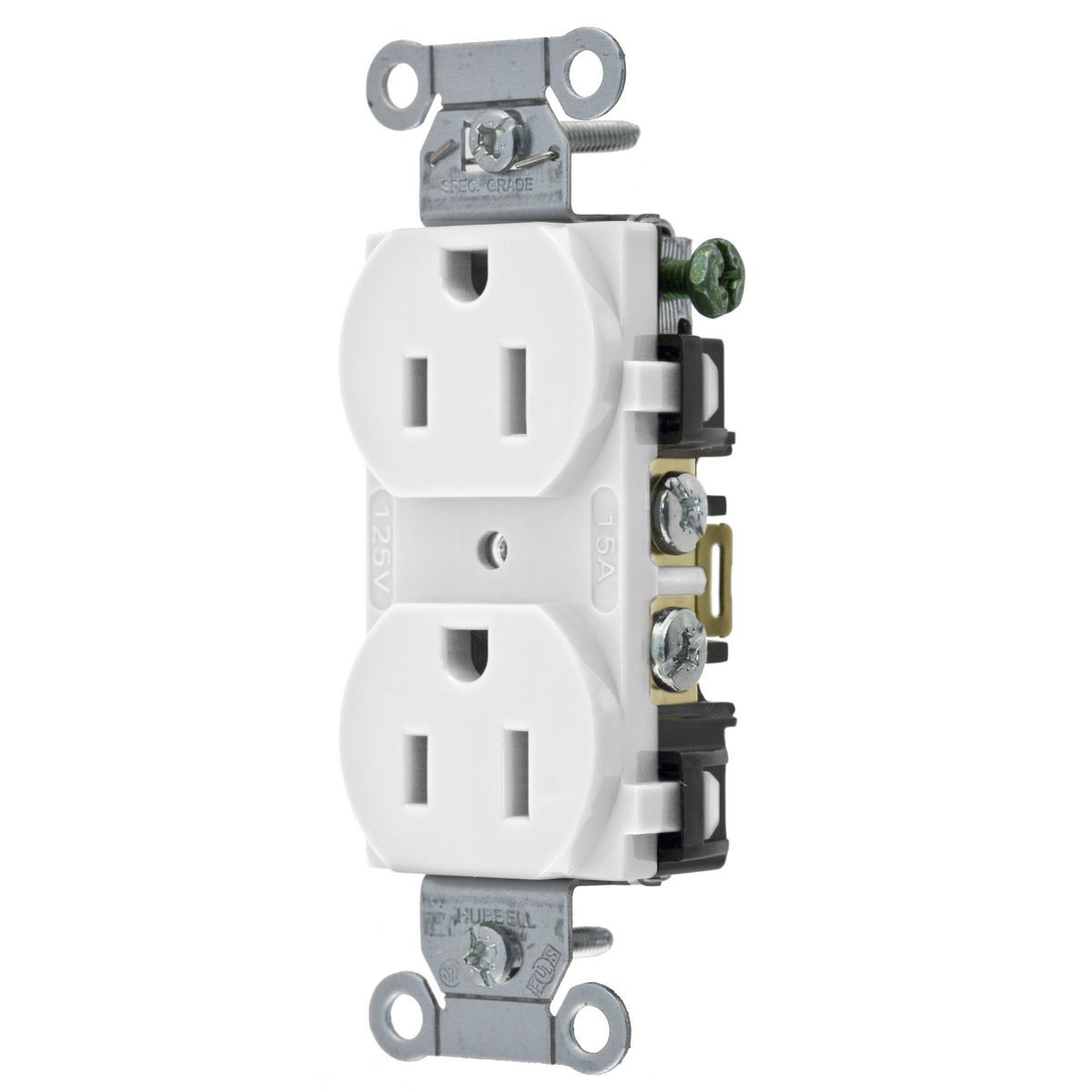 5252AW 1-Phase Duplex Heavy Duty Self-Grounding Standard Traditional Screw Mount Straight Blade Receptacle, 125 V AC, 15 A, 2 Poles, 3 Wires, White